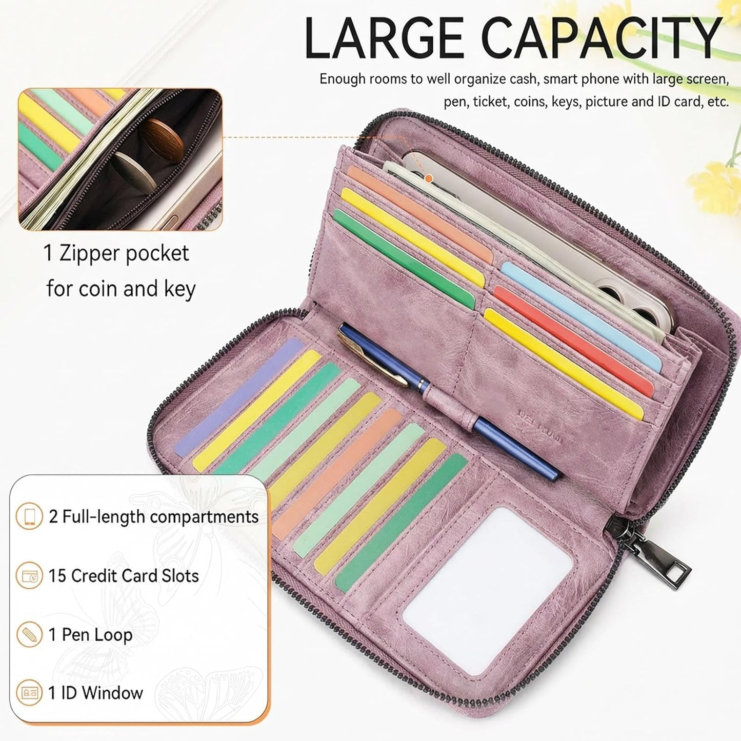 HOTBELTANA Womens Wallet RFID Wallet Women with Passport Holder Butterfly Vegan Leather Multi Card Slots Wallets Large Capacity Wristlet Travel Purse for Women (Purple)