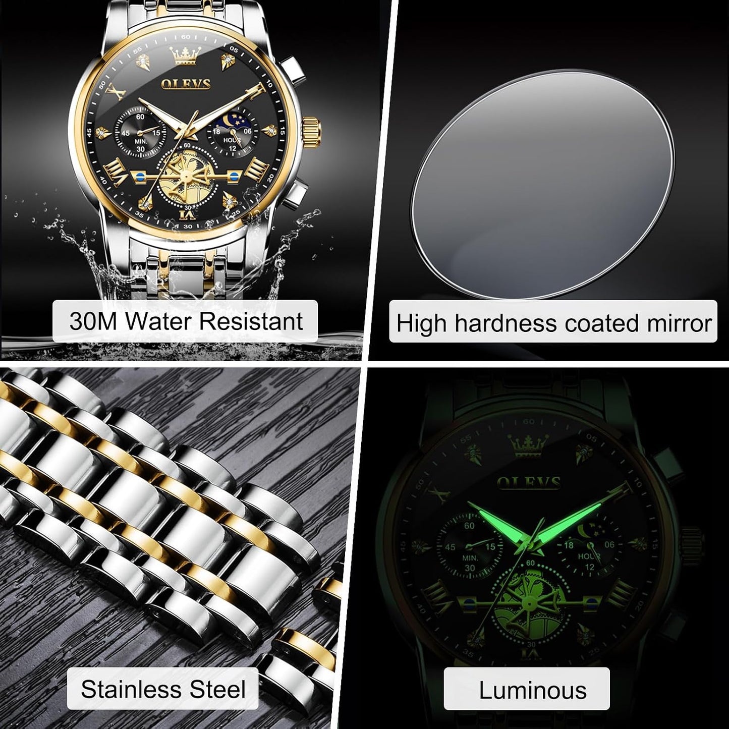 HOTOLEVS Men Watches Stainless Steel Chronograph Watch, Large Wrist Analog Quartz Watch, Fashion Waterproof Diamond Roman Numerals Dress Watches for Men, Gold/Black/White/Blue/Grey Dial