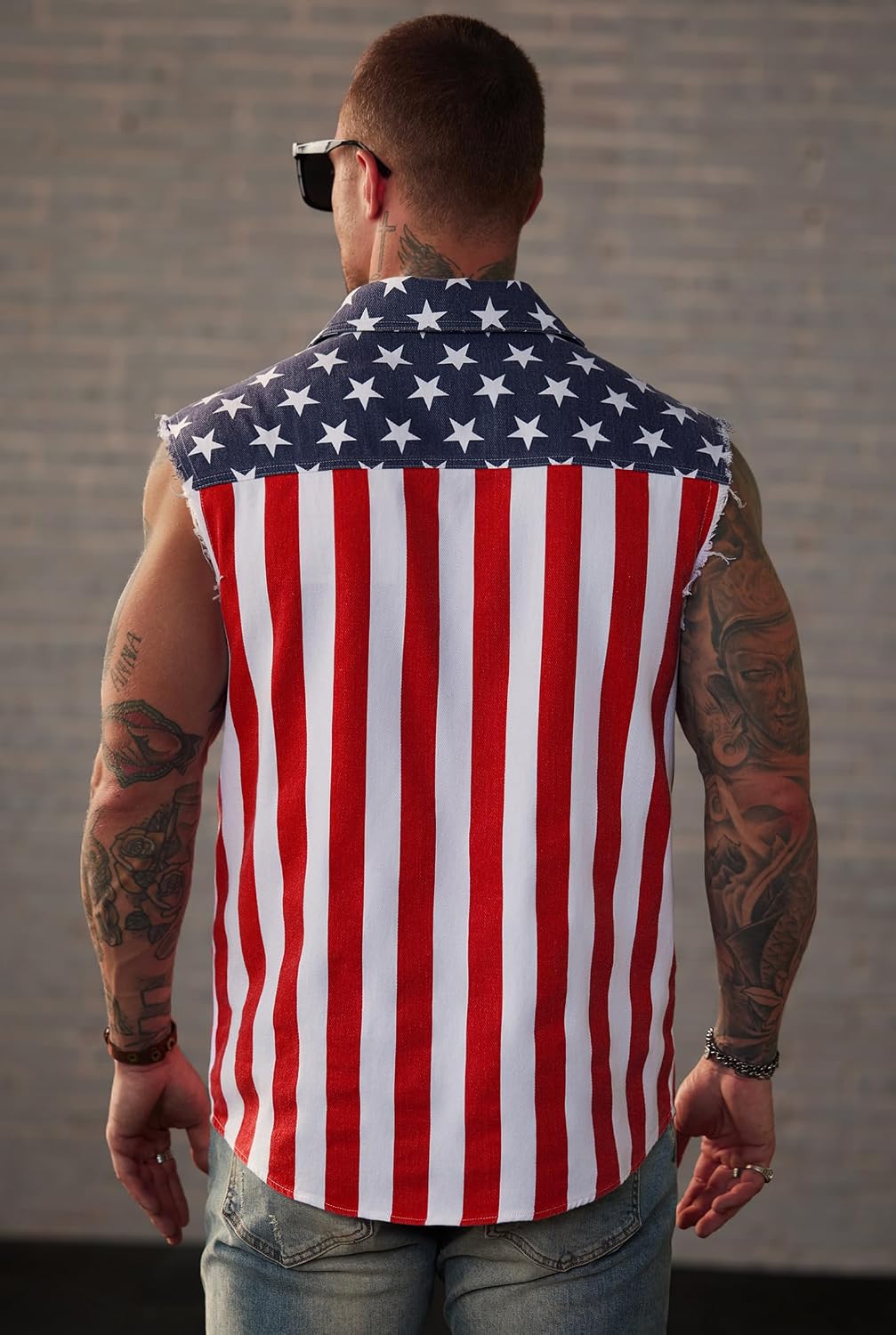 HOTMainfini Men's American Flag Denim Vest 4th of July Sleeveless Jacket With Pockets (S-XXL)