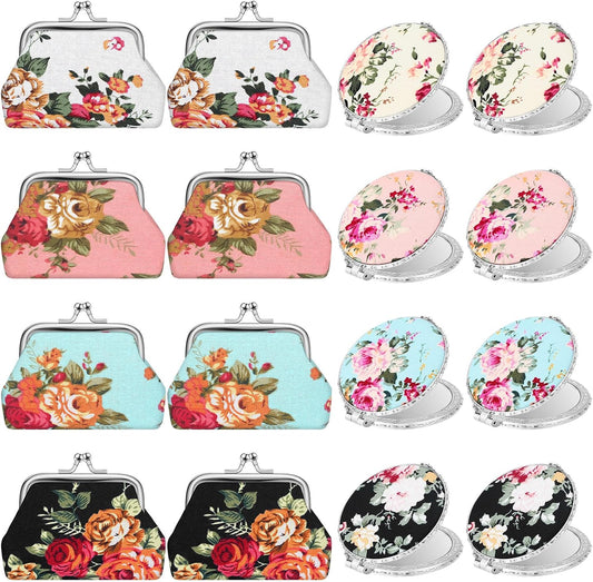 HOT16 Pcs Vintage Floral Gifts for Women with 8 Vintage Coin Purse 8 Flower Compact Mirror Canvas Buckle Wallet Tea Party Favors for Women Teacher Indian Return Gift from Pooja