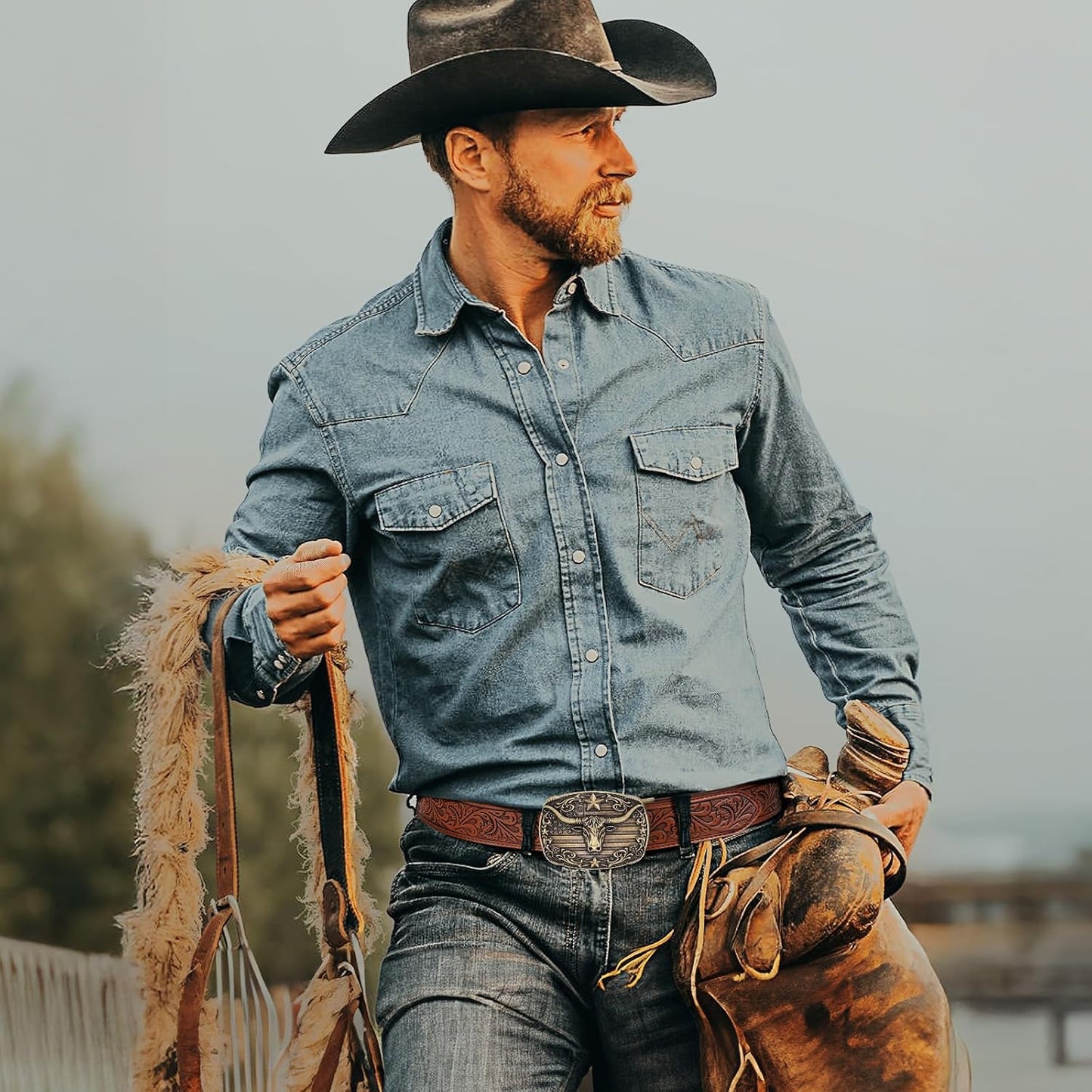 HOTSANSTHS Western Cowboy Ratchet Belts for Men Women Leather Cowboy Belt with Automatic Western Buckle for Jeans Gifts