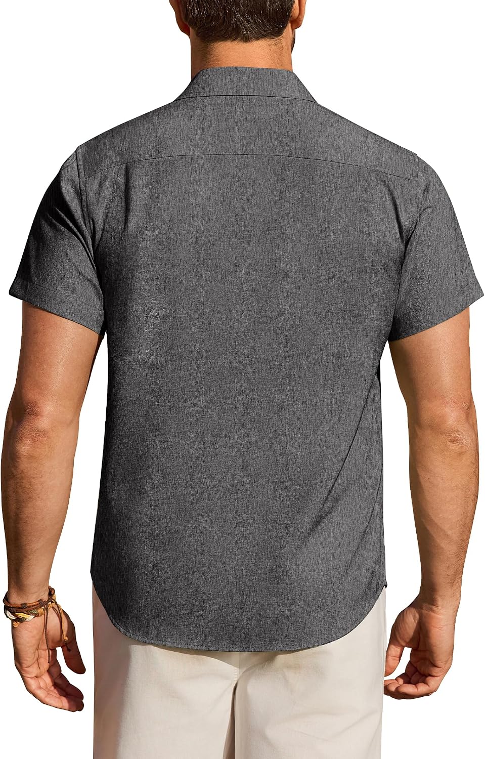 HOTMens Linen Shirt Short Sleeve Wrinkle Free Casual Untucked Button Down Shirts Beach Breathable Tops Summer