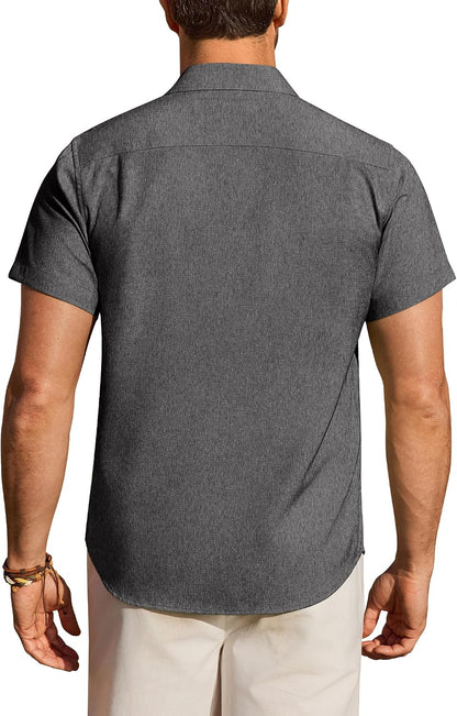 HOTMens Linen Shirt Short Sleeve Wrinkle Free Casual Untucked Button Down Shirts Beach Breathable Tops Summer