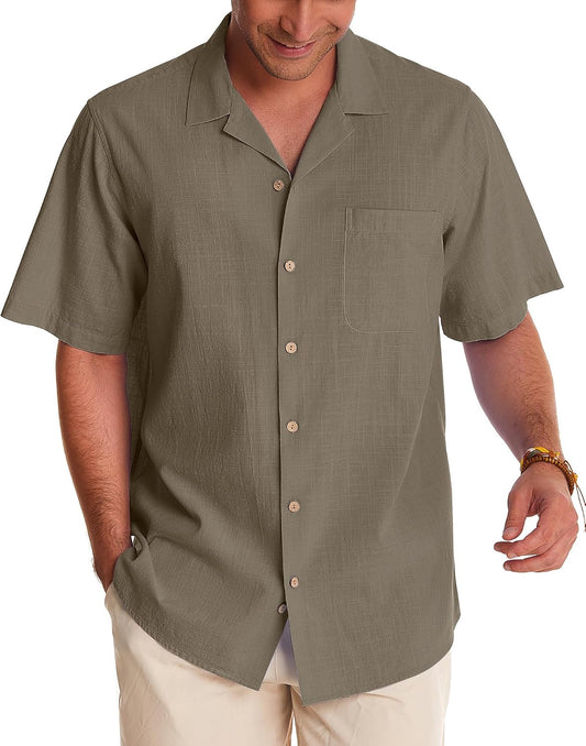 HOTAlimens & Gentle Mens Linen Shirts Cotton Hawaiian Shirts Short Sleeve Button Down Shirts Casual Summer Beach Tops