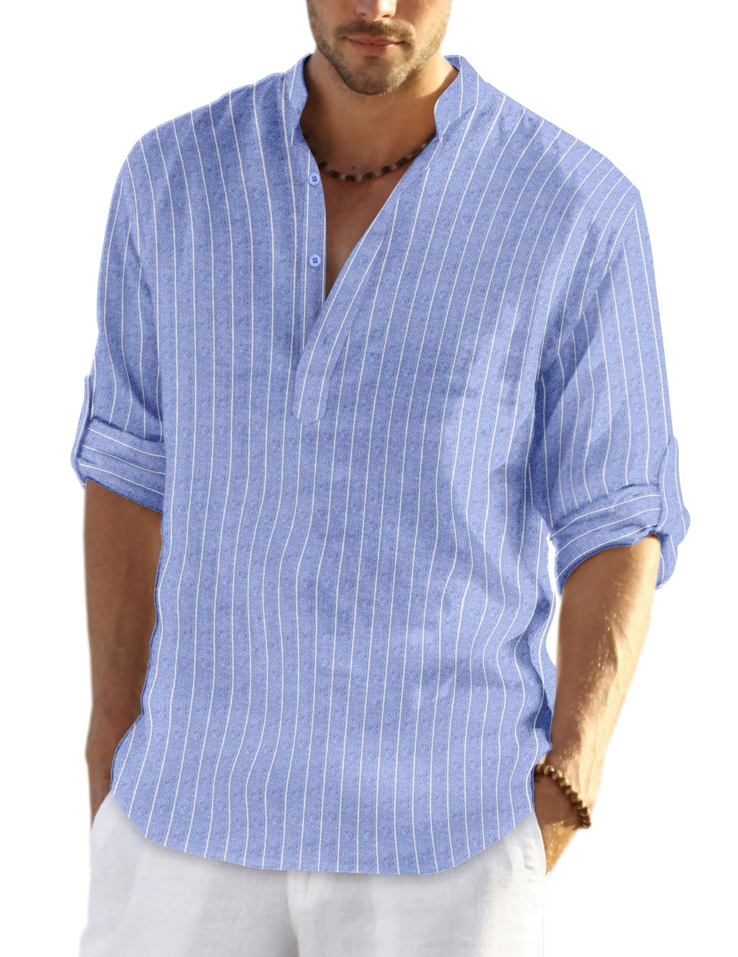 HOTCOOFANDY Men's Cotton Linen Henley T-Shirt Long Sleeve Hippie Casual Beach T-Shirts