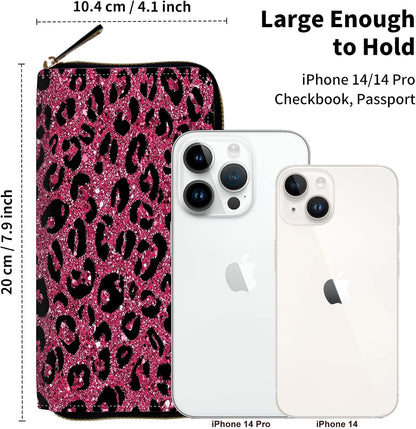 HOTRFID Blocking Wristlet Wallet for Women – Slim PU Leather Zipper Clutch, Cute Credit Card Holder Purse with Wrist Strap for Ladies,Pink Glitter Cheetah Prit