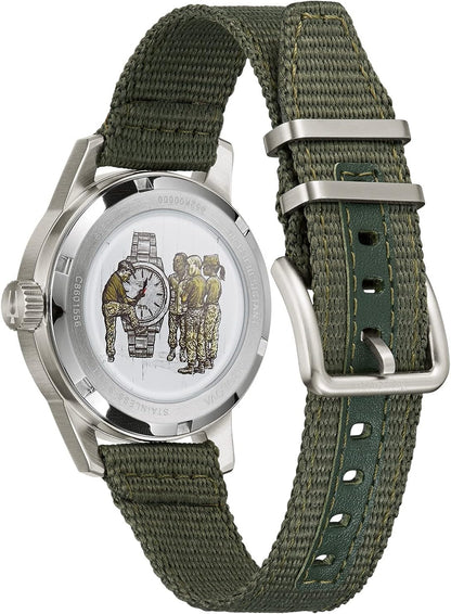 HOTBulova Men's Military Heritage Hack Veteran's Watchmaking Initiative Watch in Stainless Steel with 3-Hand Automatic, Green NATO Strap Style: 96A259