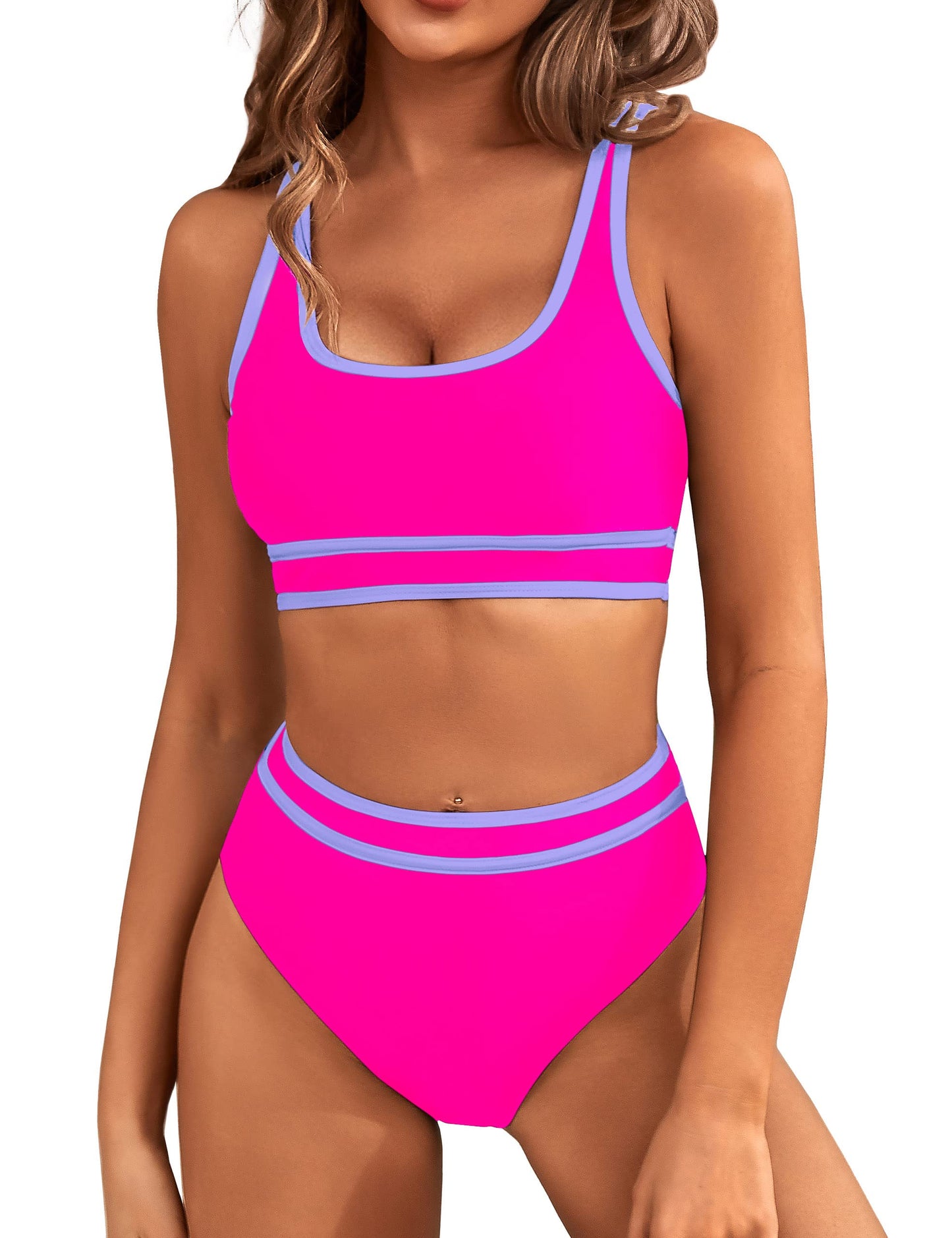 HOTBMJL Women's High Waisted Bikini Sets Sporty Two Piece Swimsuits Color Block Tummy Control Modest Bathing Suit