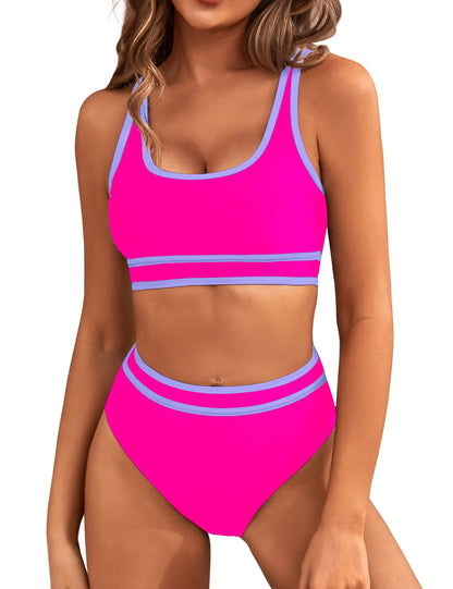 HOTBMJL Women's High Waisted Bikini Sets Sporty Two Piece Swimsuits Color Block Tummy Control Modest Bathing Suit