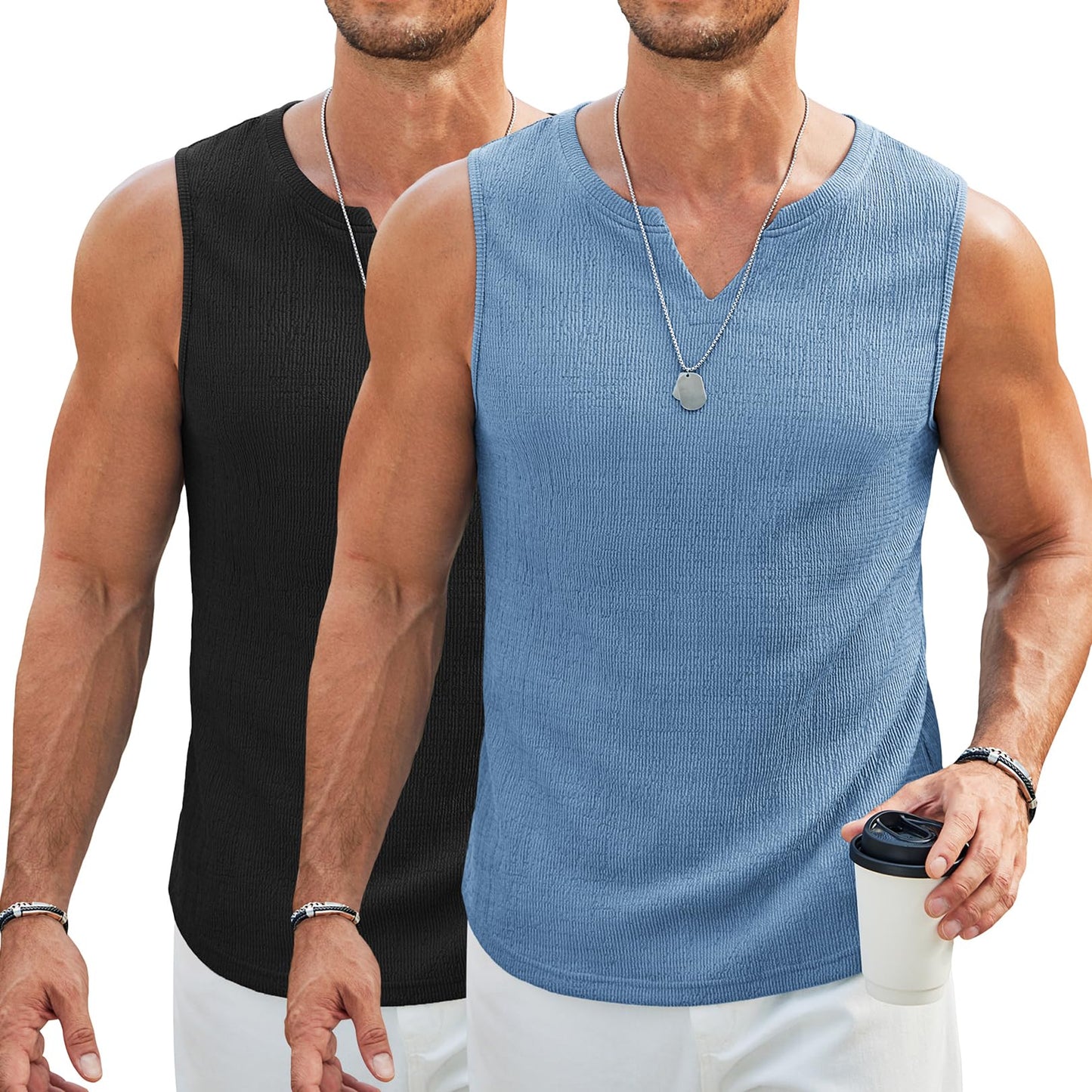 HOTCOOFANDY Men's Casual Tank Tops Knit V Neck Sleeveless T Shirts 2 Pack Summer Beach Lightweight Muscle Tee