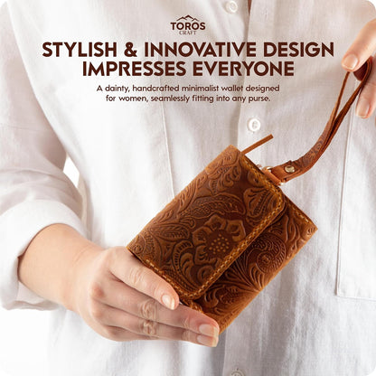 HOTToros Craft Handmade Leather Wallets for Women, Western Wristlet Wallets, Floral Leather Small Credit Card Holder with Zipper, Minimalist & Cute Coin Pouch, Genuine Leather, Camel
