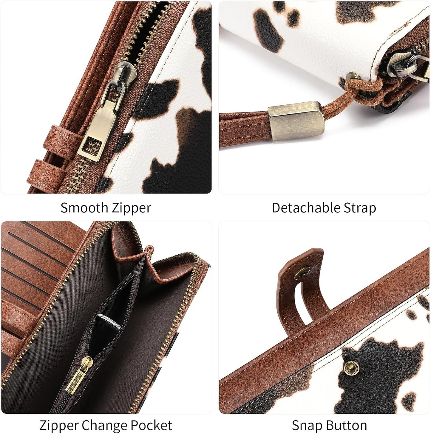 HOTGOIACII Wristlet Wallets for Women Large Capacity RFID Blocking Ladies Phone Clutch Card Holder Cow Print Brown
