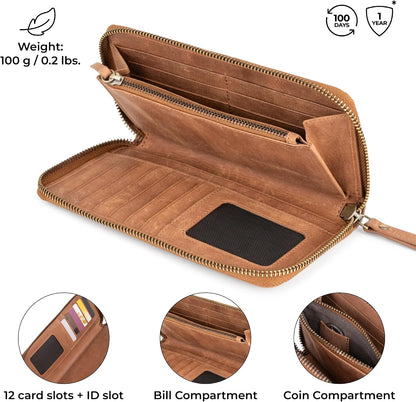 HOTBERLINER BAGS Genuine Leather Zip Wallet Women Margo, Gift Box – Brown | Soft Leather Zip Around Wallet, Fit up to Phone 6.9", 12 Card Slots, 1 ID Window, 1 Coin Pocket, RFID Blocking
