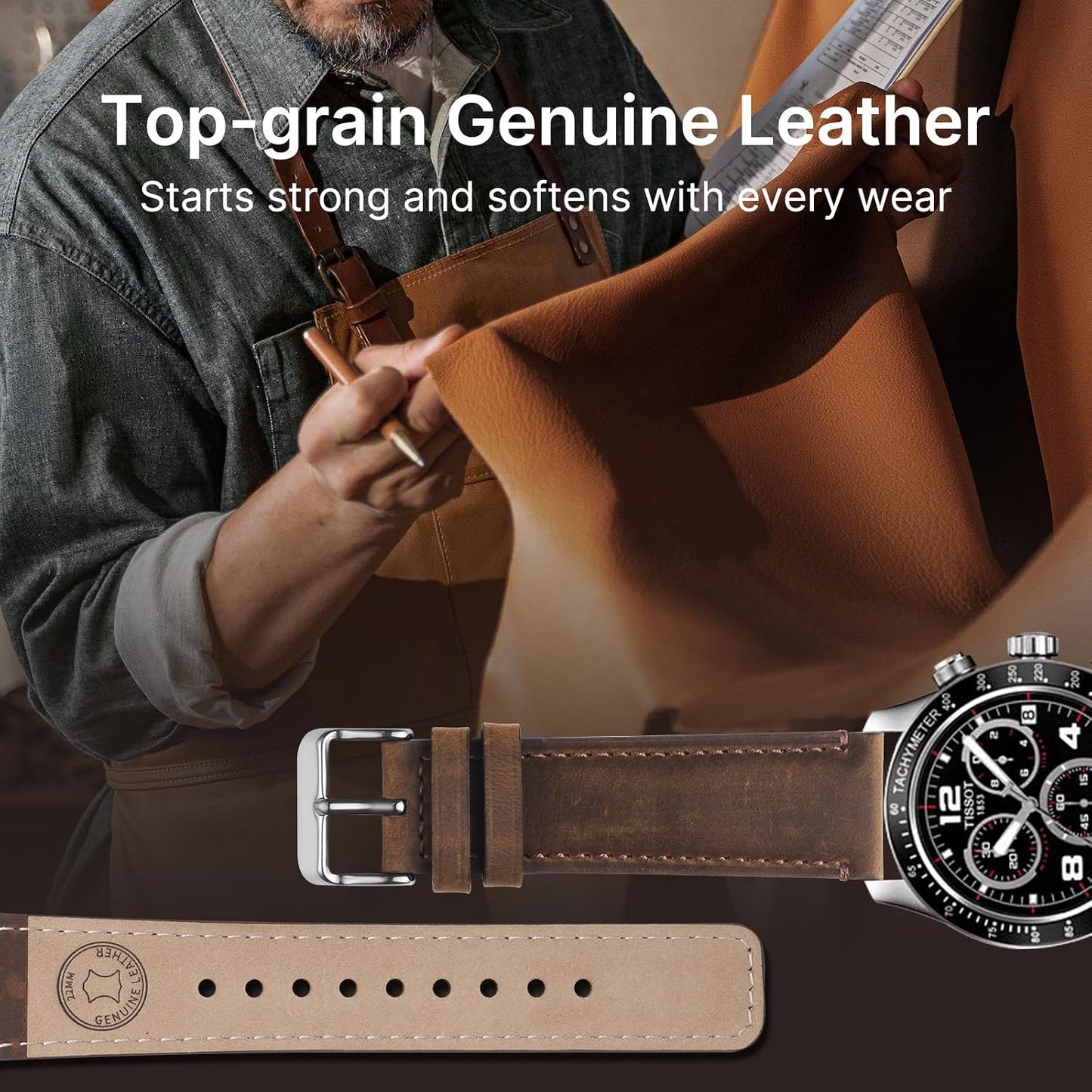 HOTFullmosa 22mm Quick Release Leather Watch Bands for Garmin Samsung Galaxy | 2 Pack Straps for Vivoactive 4(45mm), Venu 4 (45mm)/3/2 (45mm), Samsung Galaxy 46mm, Saddle Brown+Silver/Black+Silver