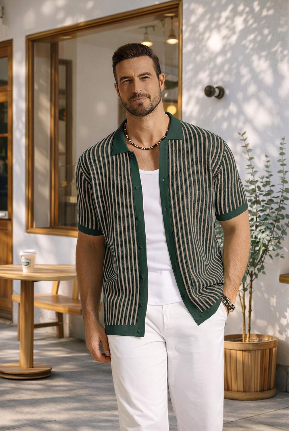 HOTCOOFANDY Mens Knit Button Down Shirts Short Sleeve Polo Shirt Vintage Striped Casual Shirts