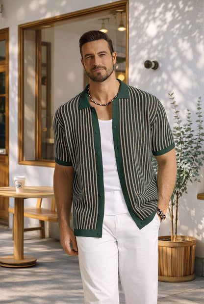 HOTCOOFANDY Mens Knit Button Down Shirts Short Sleeve Polo Shirt Vintage Striped Casual Shirts