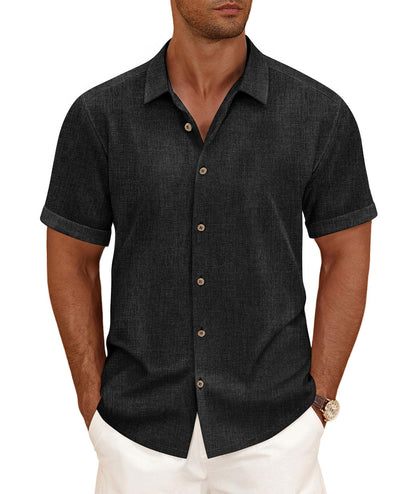 HOTCURBODO Linen Blend Shirts for Men Casual Short Sleeve Button Down Shirt Cool Summer Beach Wedding Vacation Tops