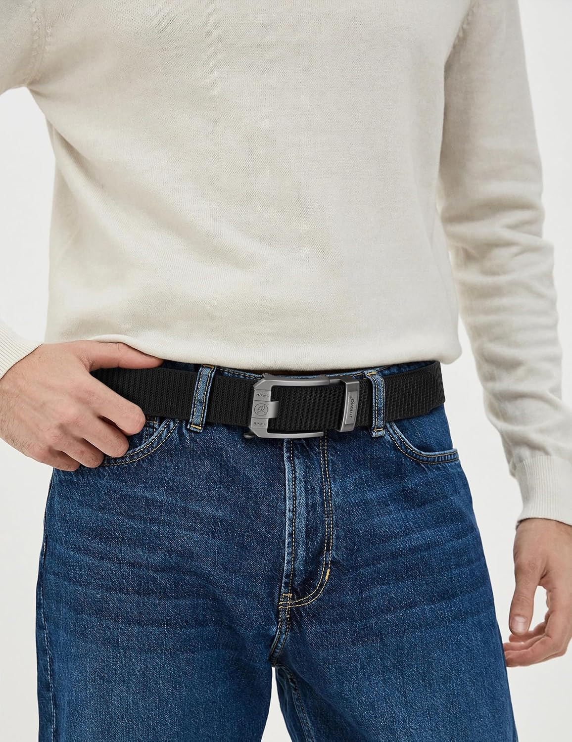 HOTJUKMO Men's Ratchet Belt, Nylon Web with Automatic Slide Buckle in Gift Box | Zinc Alloy Buckle with Micro-Adjust & Trimmable Webbing