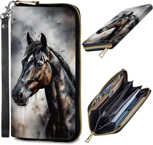 HOTWomens Wallet, PU Leather RFID Cute Wristlet Wallets for Girls Women Ladies Purse Large Credit Card Clutch Purse Card Holder Coin Pocket Travel Wallets with Zipper, Watercolor Horse