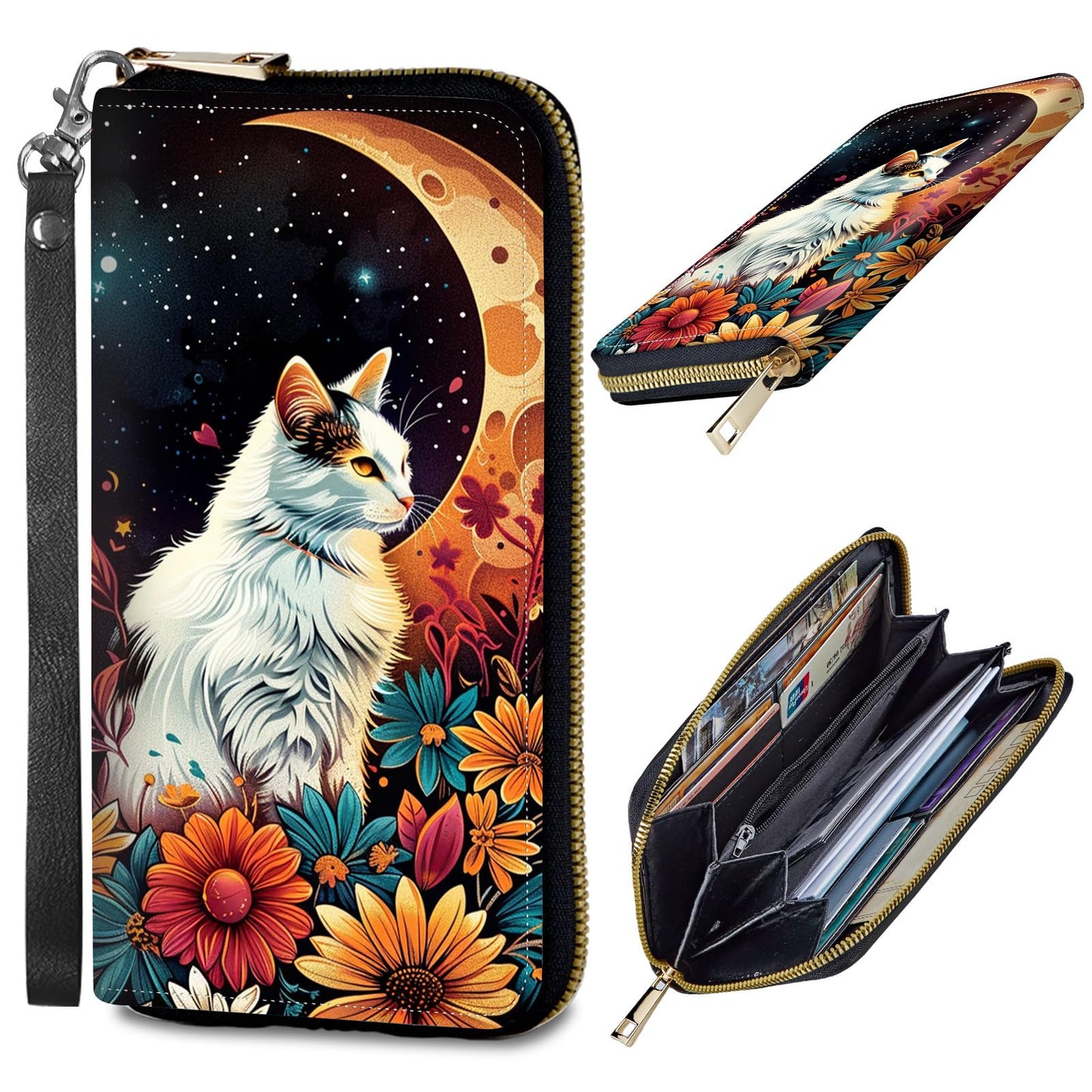 HOTWomens Wallet, PU Leather RFID Cute Wristlet Wallets for Girls Women Ladies Purse Large Credit Card Clutch Purse Card Holder Coin Pocket Travel Wallets with Zipper, Art Black Cat