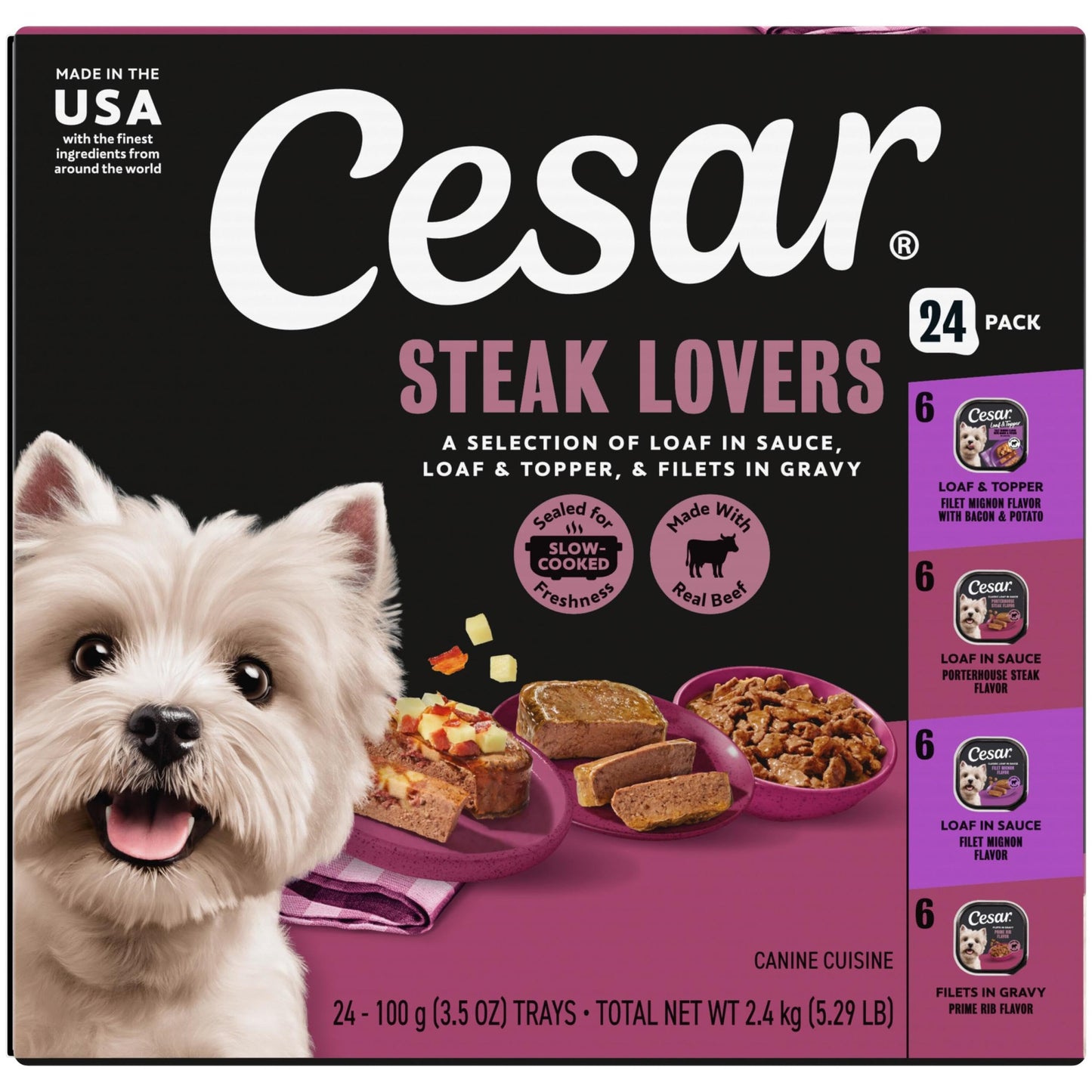 HOTCesar Wet Dog Food, Steak Lovers Variety Pack, 3.5 oz, 36 Count | Real meat #1 ingredient, easy peel trays, 100% complete & balanced, no fillers, no added sugar, no artificial flavors
