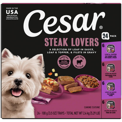HOTCesar Wet Dog Food, Steak Lovers Variety Pack, 3.5 oz, 36 Count | Real meat #1 ingredient, easy peel trays, 100% complete & balanced, no fillers, no added sugar, no artificial flavors