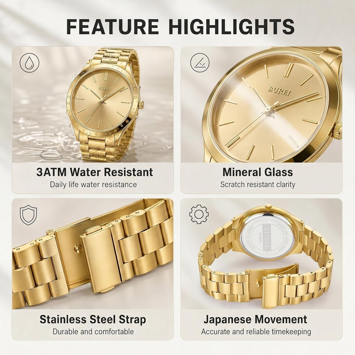 HOTBUREI Men's Wrist Watch, Analog Stainless Steel Dress Waterproof Quartz Watch for Men with Japanese Movement,Refined Gifts for Men, Boyfriend, Husband, Dad