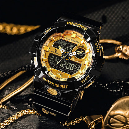HOTPINDOWS Watches for Men, Transparent Gold Analog Digital Dual Time 50M Waterproof, LED Backlight Multifunctional with Alarms, Stopwatch, Ideal for Sports, Outdoor Activities, and Daily Wear