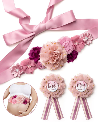 HOTBaby Shower Sash Decorations Mom to Be Corsage Gift Dad to Be Pin 3Pack Set Flower Belt for Maternity Dress - Gender Reveal Pregnancy Photo Props