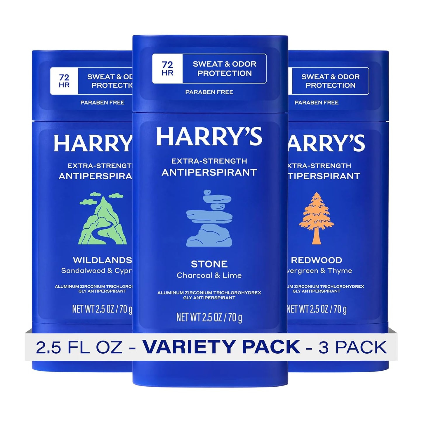 HOTHarry's Extra-Strength Antiperspirant Deodorant, Sweat & Odor Control Antiperspirant for Men, Variety Pack - Stone, Redwood, Wildlands, 2.5 oz Pack of 3