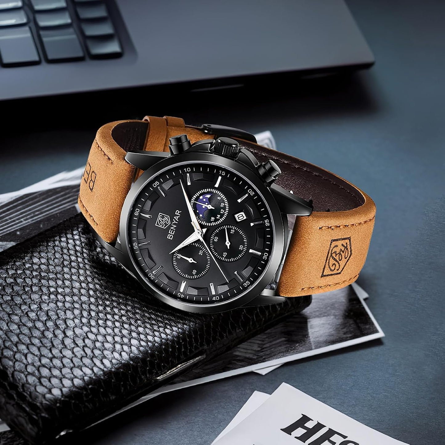 HOTBENYAR Mens Watches Analog Quartz Chronograph Waterproof Wrist Watches for Men Fashion Business Work Casual Sport Designer Dress Watch with Calendar Elegant Gifts for Men