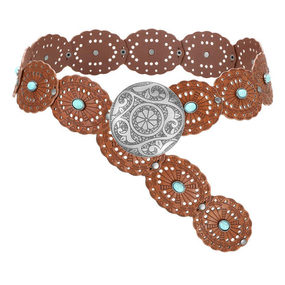 HOTSUOSDEY Wide Western Disc Belt with Turquoise Women Cowgirl Cowboy Boho Country Leather Belts for Jeans Dress, Width 2.36"