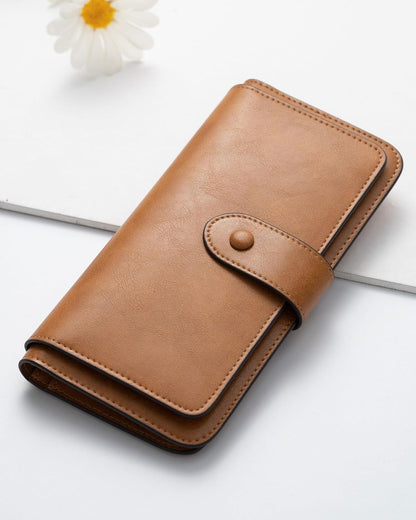 HOTRFID Blocking Leather Wallet for Women, Slim Trifold with 14 Card Slots and Zipper Pocket (Brown)