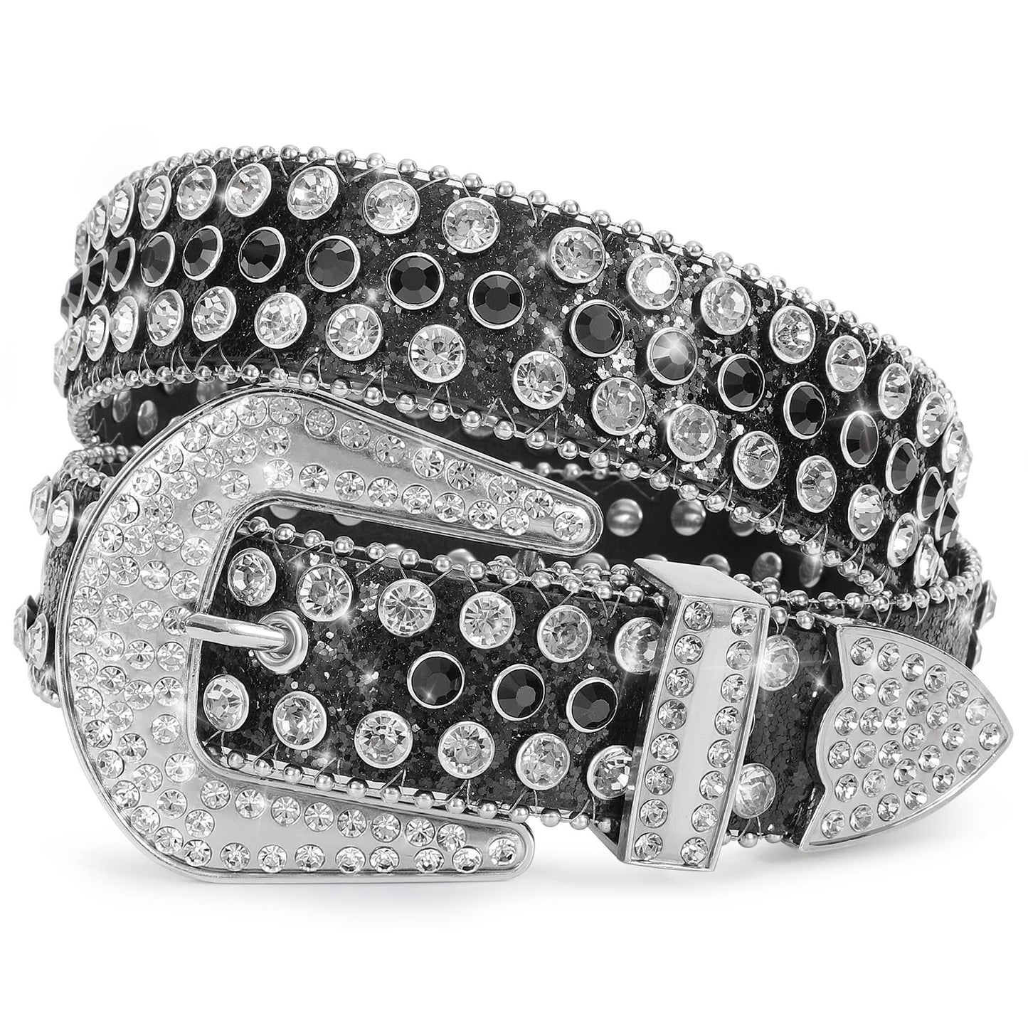 HOTXZQTIVE Cowgirl Bling Studded Leather Belts for Jeans Pants with Rhinestone and Western Silver Buckle, Unisex