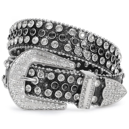 HOTXZQTIVE Cowgirl Bling Studded Leather Belts for Jeans Pants with Rhinestone and Western Silver Buckle, Unisex