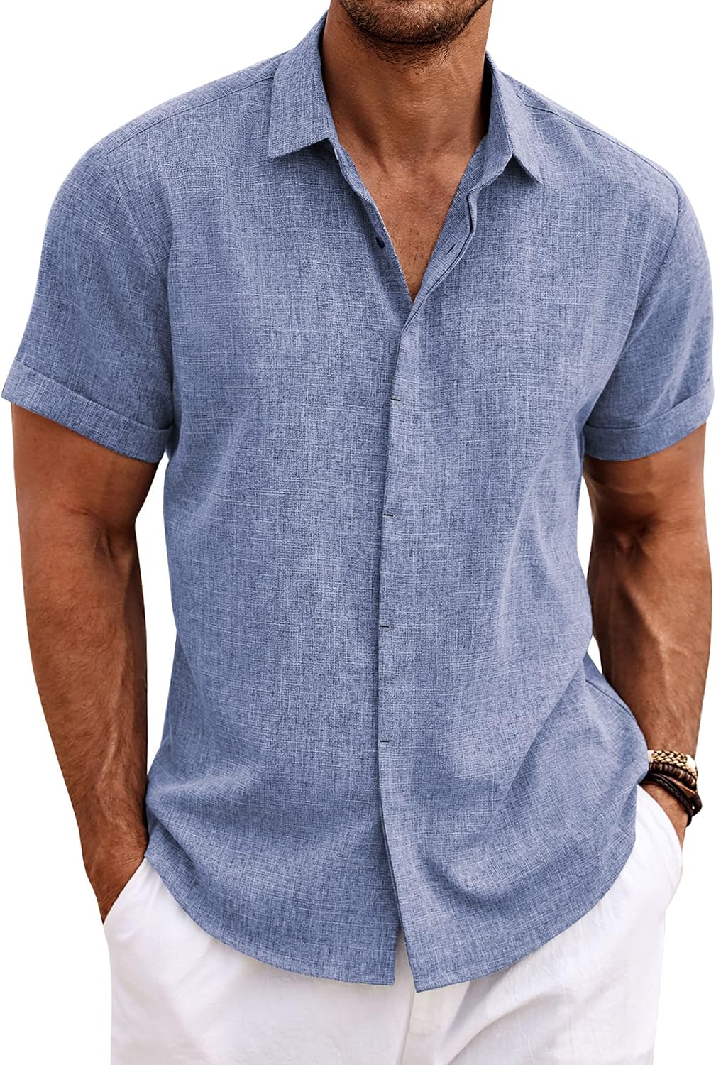 HOTCOOFANDY Men's Linen Shirts Short Sleeve Casual Shirts Button Down Shirt for Men Beach Summer Wedding Shirt