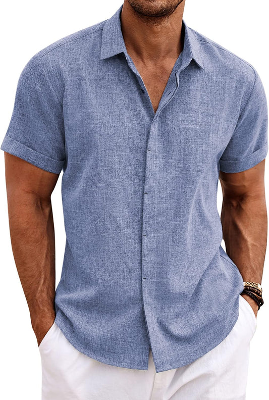 HOTCOOFANDY Men's Linen Shirts Short Sleeve Casual Shirts Button Down Shirt for Men Beach Summer Wedding Shirt