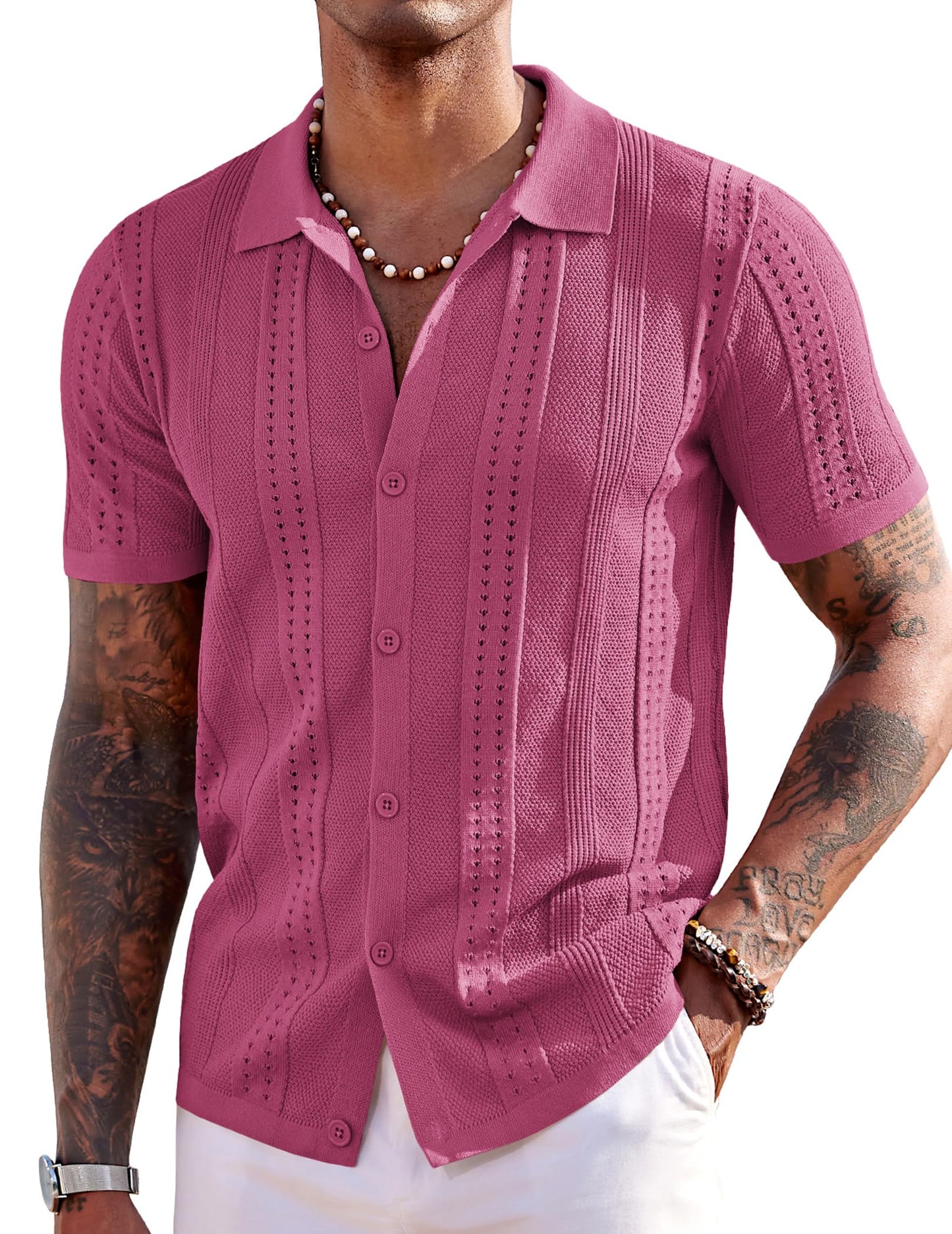 HOTCOOFANDY Men's Knit Shirts Short Sleeve Button Down Polo Shirt Fashion Casual Summer Beach Shirts
