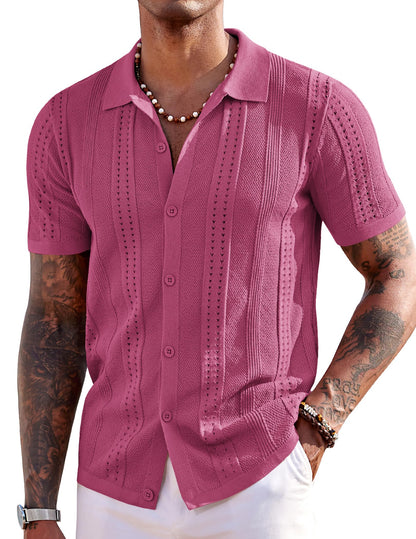 HOTCOOFANDY Men's Knit Shirts Short Sleeve Button Down Polo Shirt Fashion Casual Summer Beach Shirts