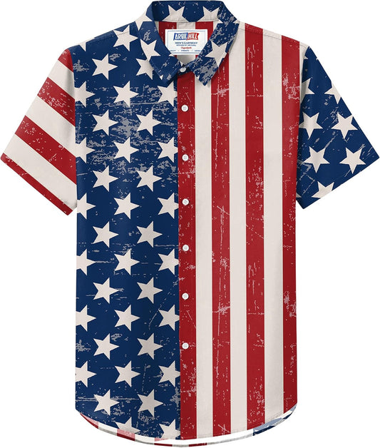 HOTArvilhill Men American Flag Button Shirt 4th of July Short Sleeve Shirts (S-3XL)