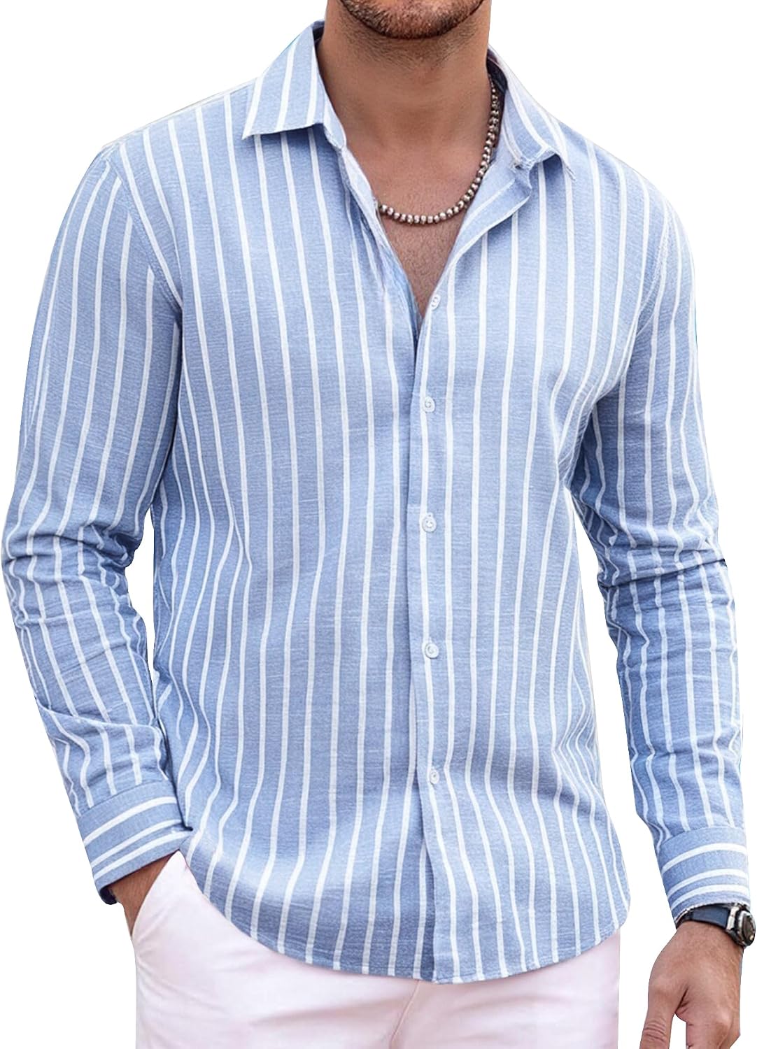 HOTAlex Vando Mens Linen Shirts Long Sleeve Button Down Striped Beach Shirt | Breathable Skin-Friendly Anti-Shrink Fabric, Classic Stripes For Casual Style, All-Day Comfort, Easy Care
