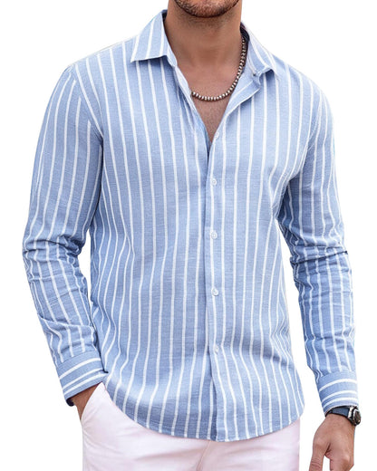 HOTAlex Vando Mens Linen Shirts Long Sleeve Button Down Striped Beach Shirt | Breathable Skin-Friendly Anti-Shrink Fabric, Classic Stripes For Casual Style, All-Day Comfort, Easy Care