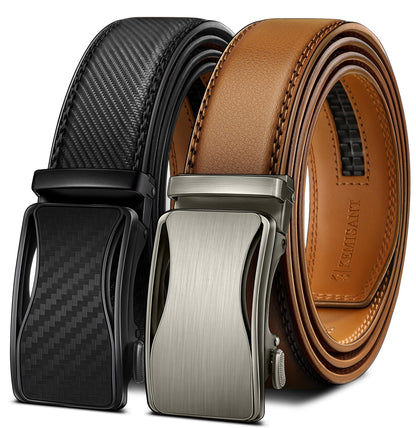 HOTKEMISANT Men's Ratchet Leather Belt 2Pack-Trimmable 1 3/8“-Gift Boxed | Smooth Sliding | Micro Adjustable Fit | Tailored Size | Holeless Understated Elegance