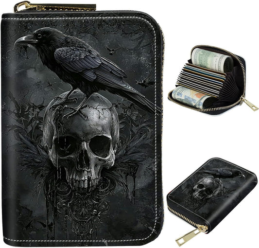 HOTCute Credit Card Holder with Zipper, Crow Skull RFID-Blocking Card Case Small Wallet for Women Men, Multi-slot Card Organizer Case Travel Accordion Wallet