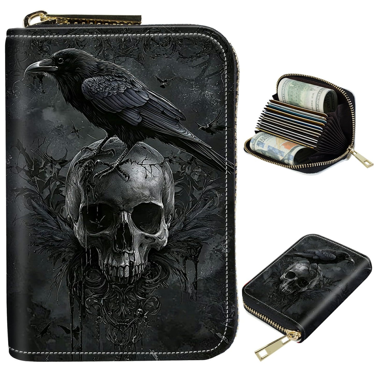 HOTCute Credit Card Holder with Zipper, Crow Skull RFID-Blocking Card Case Small Wallet for Women Men, Multi-slot Card Organizer Case Travel Accordion Wallet
