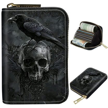 HOTCute Credit Card Holder with Zipper, Crow Skull RFID-Blocking Card Case Small Wallet for Women Men, Multi-slot Card Organizer Case Travel Accordion Wallet