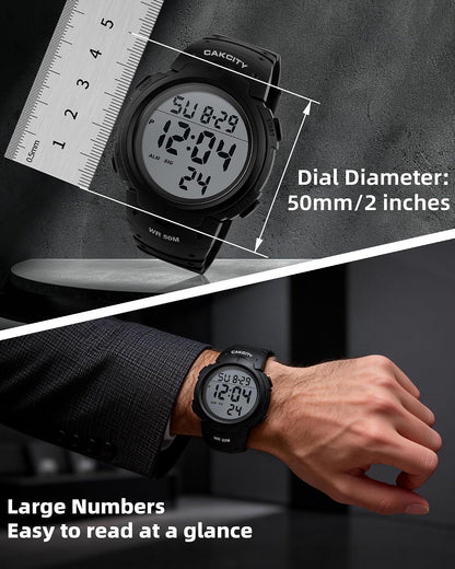 HOTCakCity Men's Digital Sports Watch,50M Water Resistant,50mm Large Face,Stopwatch,Alarm,EL Backlight,Black,Ideal for Sport,Referee,Outdoor Work,Running Training & Daily Wear