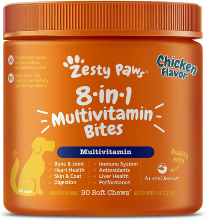 HOTZesty Paws Dog Multivitamin, Chewable Dog Vitamins and Supplements for Hip & Joints, Skin & Coat, Omega 3 Fish Oil for Dogs- Senior & Puppy Multivitamin- Chicken- 90ct