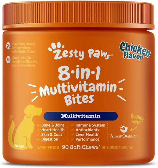 HOTZesty Paws Dog Multivitamin, Chewable Dog Vitamins and Supplements for Hip & Joints, Skin & Coat, Omega 3 Fish Oil for Dogs- Senior & Puppy Multivitamin- Chicken- 90ct