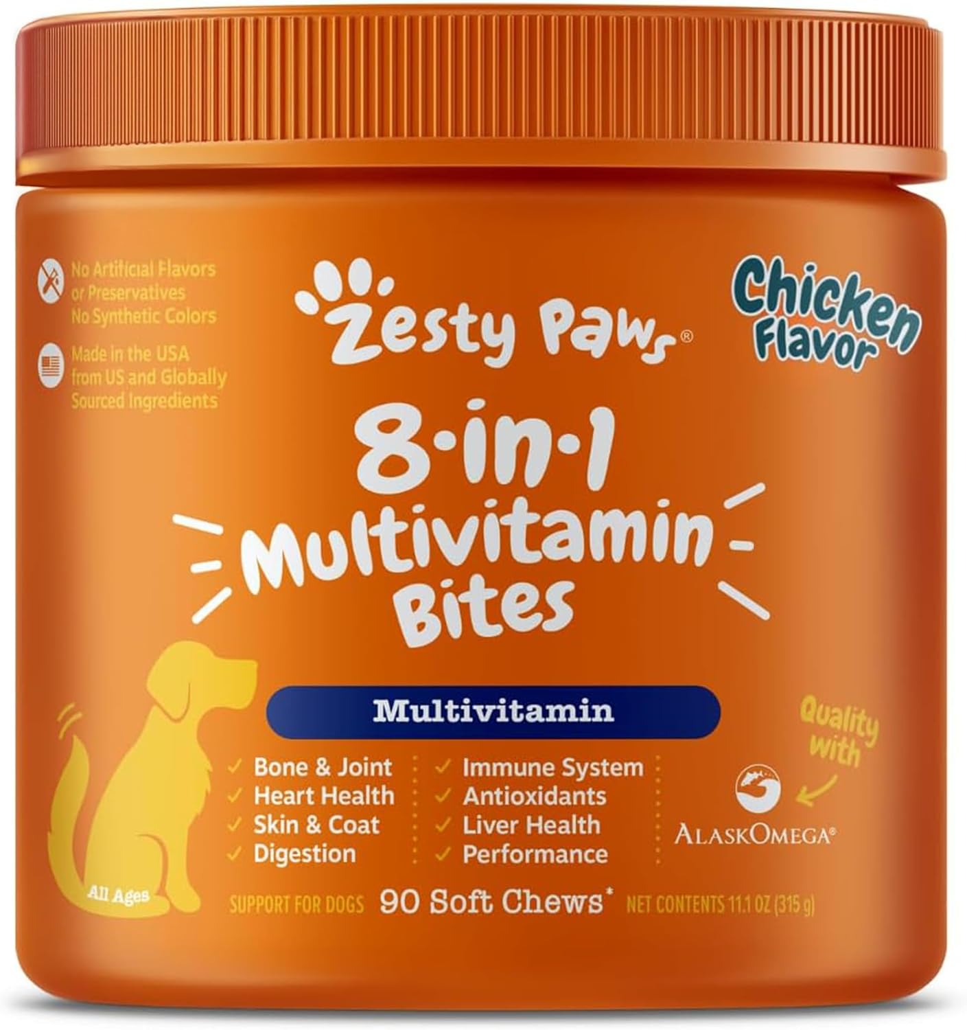 HOTZesty Paws Dog Multivitamin, Chewable Dog Vitamins and Supplements for Hip & Joints, Skin & Coat, Omega 3 Fish Oil for Dogs- Senior & Puppy Multivitamin- Chicken- 90ct